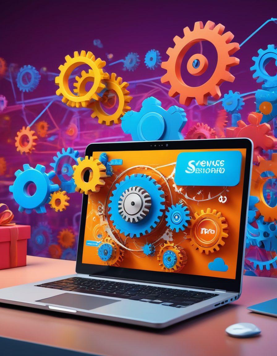 A dynamic scene featuring a thriving online store with customers, colorful packages, and digital cloud connections seamlessly integrating various e-commerce services. Show a confident business owner managing everything through a sleek laptop with Sneeves' branding. Elements of gears and digital networks in the background to symbolize seamless integration and operation. vibrant colors. super-realistic.