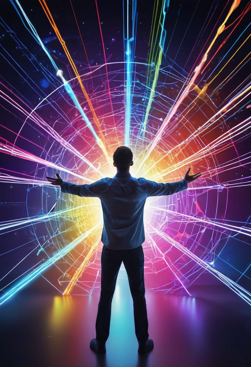 A vibrant digital landscape with interconnected nodes forming a web, symbolizing comprehensive web solutions. A person standing confidently in the center with arms outstretched, emanating digital energy that expands outward. Dynamic lines and icons representing web technologies radiating from the person. Bright, engaging colors with futuristic elements. super-realistic. vibrant colors.