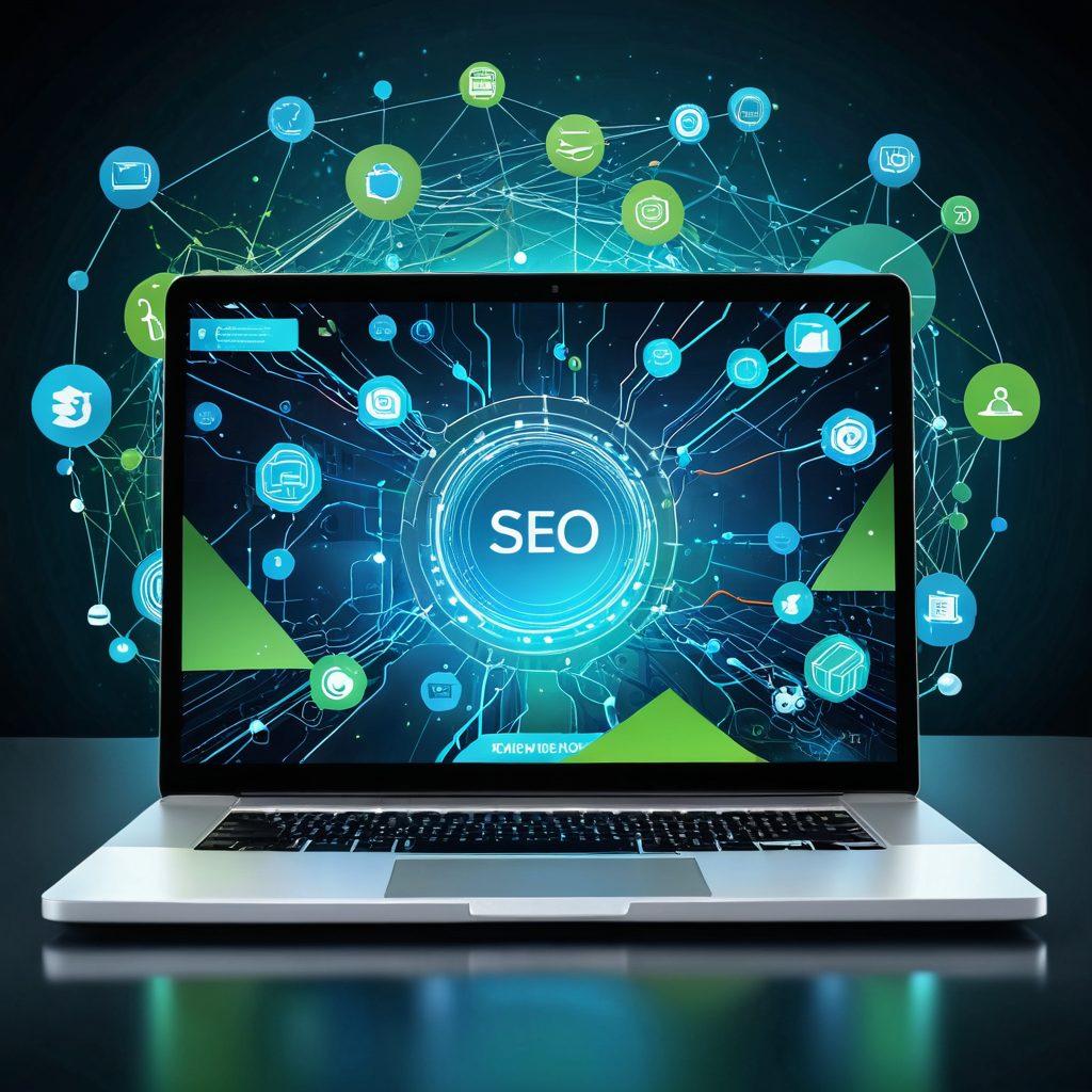 A digital landscape featuring a dynamic and modern website design blooming from a sleek laptop, surrounded by abstract icons and symbols representing SEO, web development, and social media. The background should hint at a digital network connecting everything, with a color palette of vibrant blues and greens. futuristic, vibrant colors, 3D.